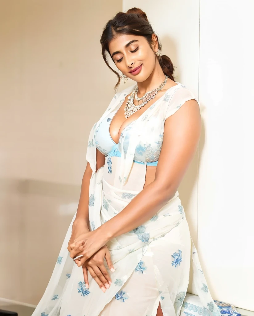  photo of Semi naked pooja hegde masturbating pussy in office, chin up and self pleasure in pain, open mouth wide, laugh, curvy, hourglass figure, swooping breasts, closed eyes, standing with wide open spread legs, necklace, blue floral lace bra and saree, sultry, ponytail