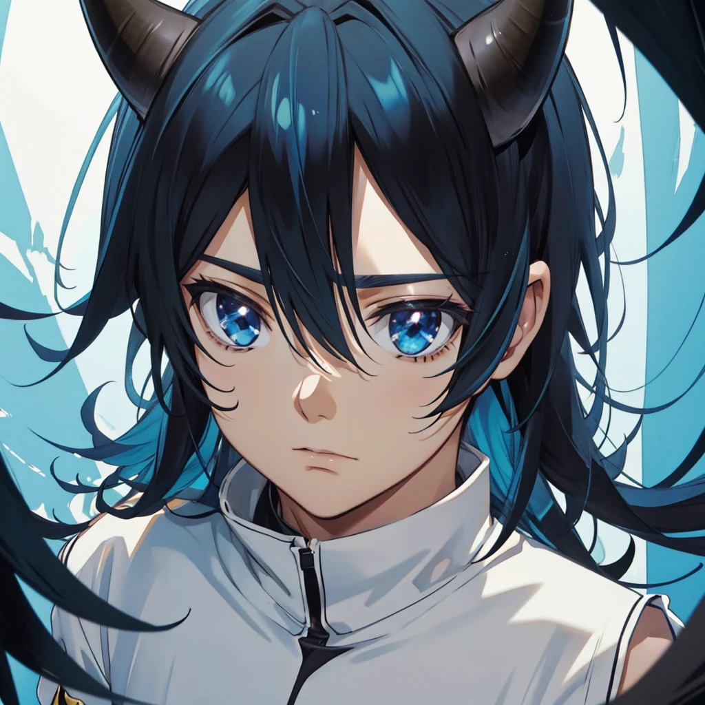 Anime boy, Cowboy shoot, Blue eyes, medium length black hair, short blue horns on the head