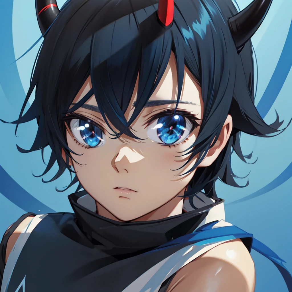 Anime boy, Cowboy shoot, Blue eyes, medium length black hair, short blue horns on the head