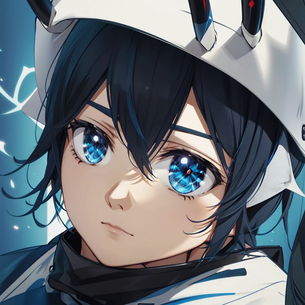 Anime boy, Cowboy shoot, Blue eyes, medium length black hair, short blue horns on the head