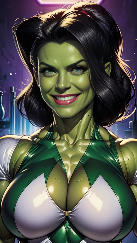 Marvel She Hulk,(Jessica Walters)black hair,big massive muscles,green skin Close up of breasts,white leather bodysuit,high tech science lab, smile,sexy seductive pose