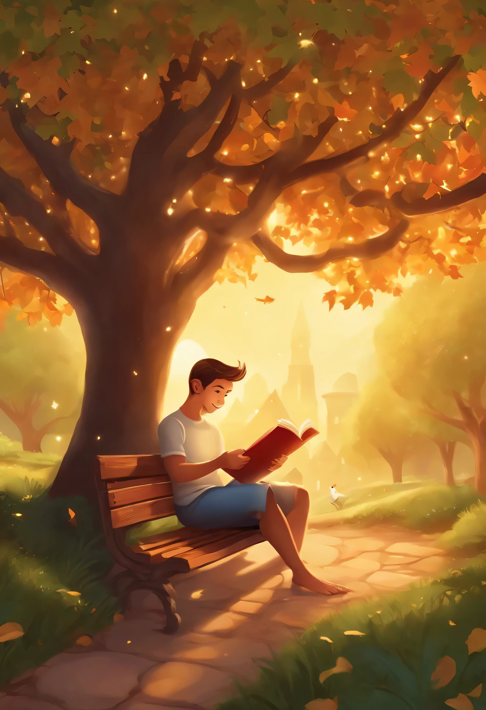 Cartoon-style sitting on a bench under a tree of colorful booksla stands with a radiant smile on his face as he plunges into the magical pages of a charming story. The sun shines softly through the leaves of the tree, criando um ambiente acolhedor e tranquilo. estilo cartoon , lugar magico