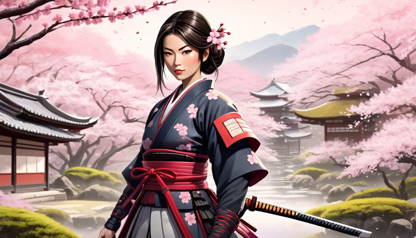 Female samurai,Background is cherry blossoms and Japanese garden