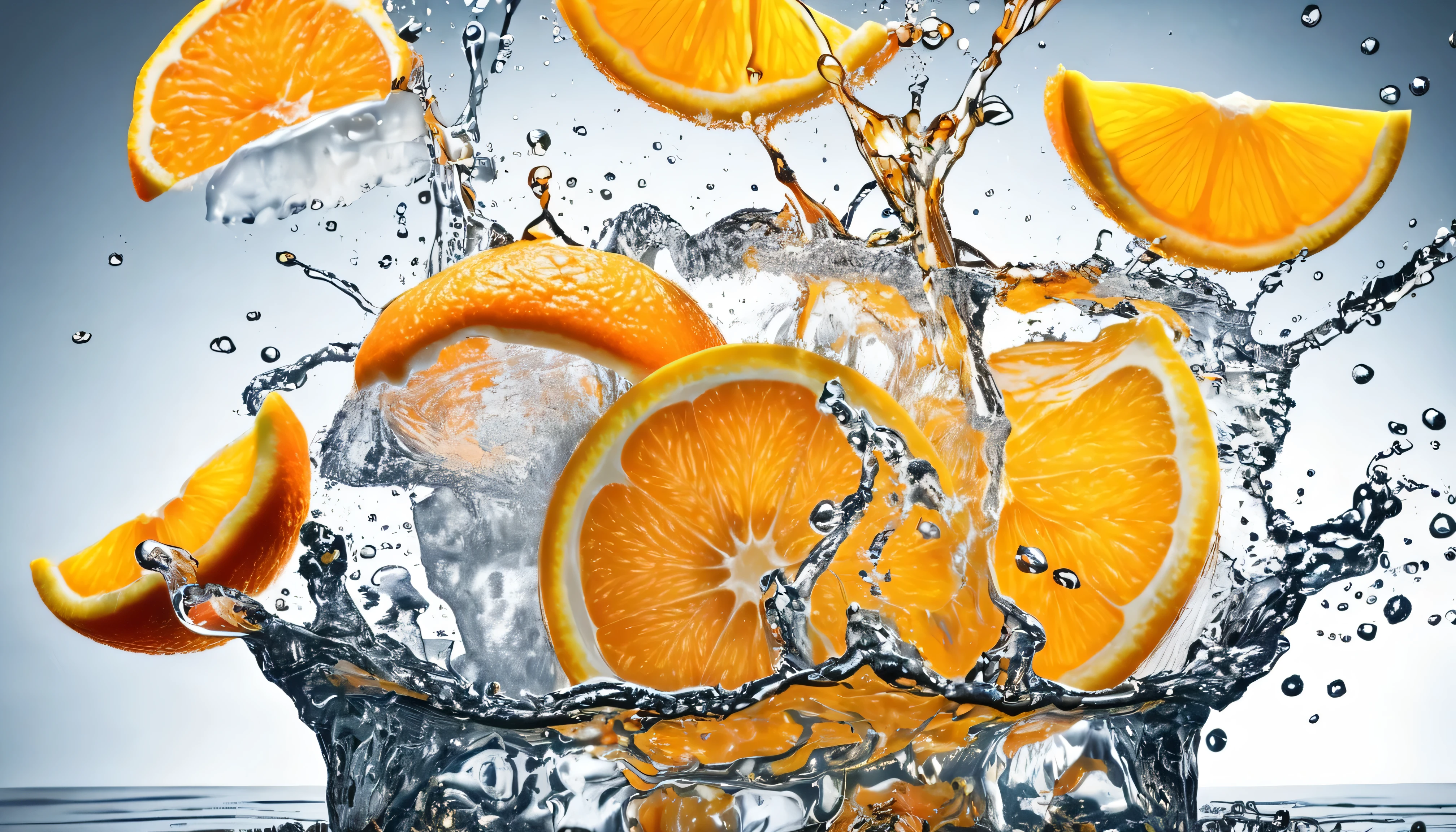 a picture ice cubes and orange slices splashing into orange juice like in a commercial
