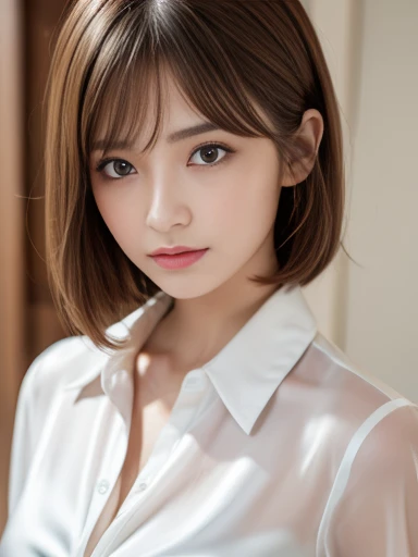 Ultra-high resolution, Superior Quality, Highest quality, Super detailed, Realistic, 8k, RAW Photos, Highest quality, masterpiece, Attractive young girl, Angelic Girl, Brown Hair, short hair, Mesh Hair, Glossy Lips, Natural Makeup, Japanese Idols, Sophisticated, stylish, Model pose, satin silk white shirt,