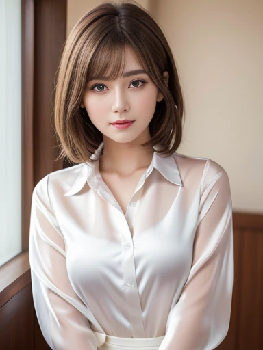 Ultra-high resolution, Superior Quality, Highest quality, Super detailed, Realistic, 8k, RAW Photos, Highest quality, masterpiece, Attractive young girl, Angelic Girl, Brown Hair, short hair, Mesh Hair, Glossy Lips, Natural Makeup, Japanese Idols, Sophisticated, stylish, Model pose, satin silk white shirt,