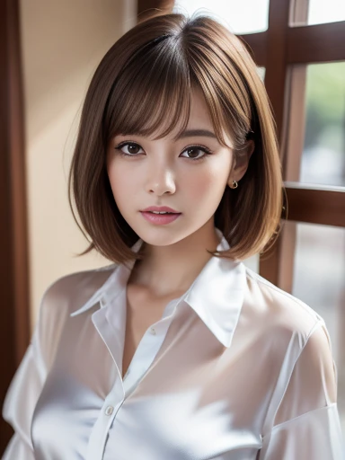 Ultra-high resolution, Superior Quality, Highest quality, Super detailed, Realistic, 8k, RAW Photos, Highest quality, masterpiece, Attractive young girl, Angelic Girl, Brown Hair, short hair, Mesh Hair, Glossy Lips, Natural Makeup, Japanese Idols, Sophisticated, stylish, Model pose, satin silk white shirt,