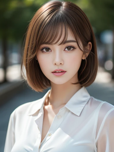 Ultra-high resolution, Superior Quality, Highest quality, Super detailed, Realistic, 8k, RAW Photos, Highest quality, masterpiece, Attractive young girl, Angelic Girl, Brown Hair, short hair, Mesh Hair, Glossy Lips, Natural Makeup, Japanese Idols, Sophisticated, stylish, Model pose, satin silk white shirt, 