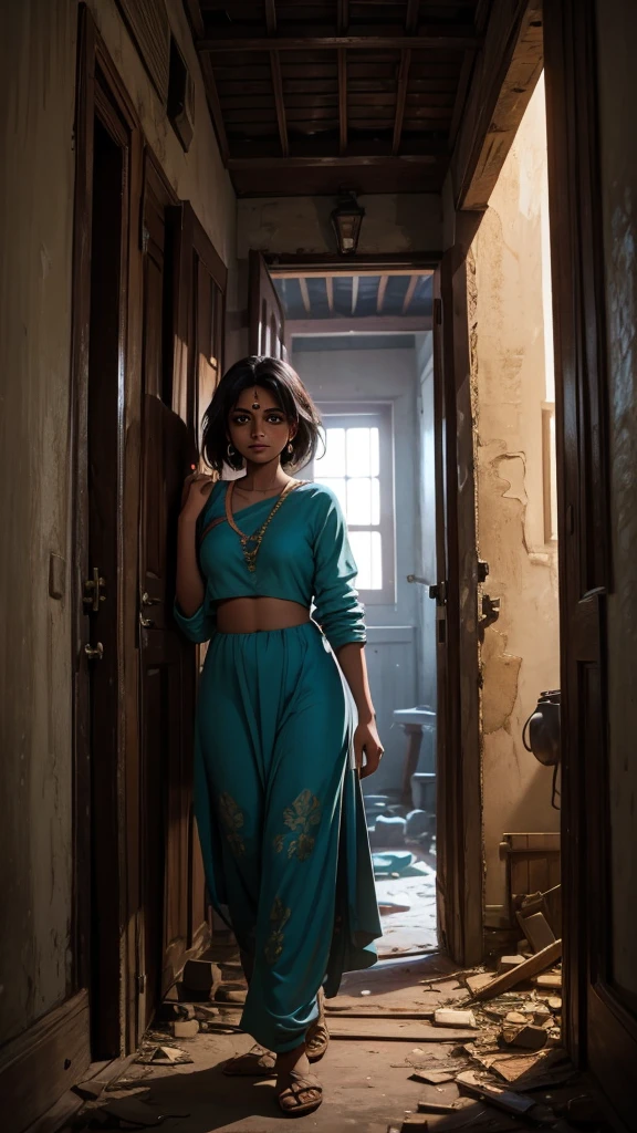 Preeti, a young beautiful woman, enters a dusty, dilapidated house with creaking doorsbdark themed in the village pixar saturated 8k ultra hd quality