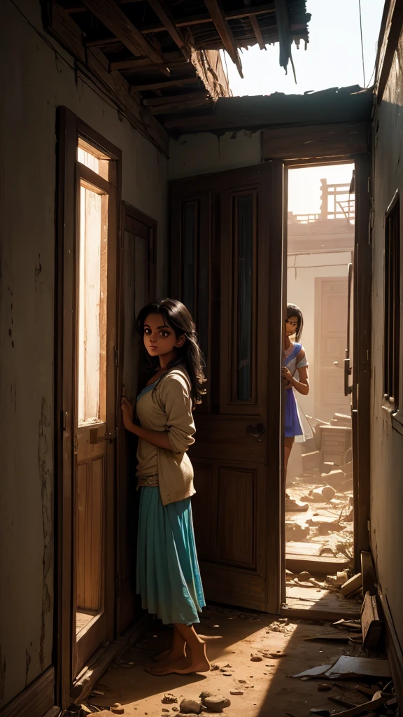 Preeti, a young beautiful woman, enters a dusty, dilapidated house with creaking doorsbdark themed in the village pixar saturated 8k ultra hd quality 