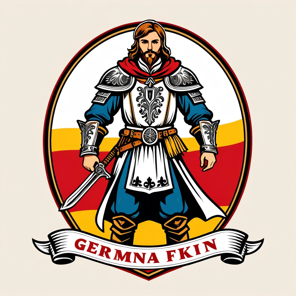 paladin in german folk outfit, vector graphics, strong contours, logo design