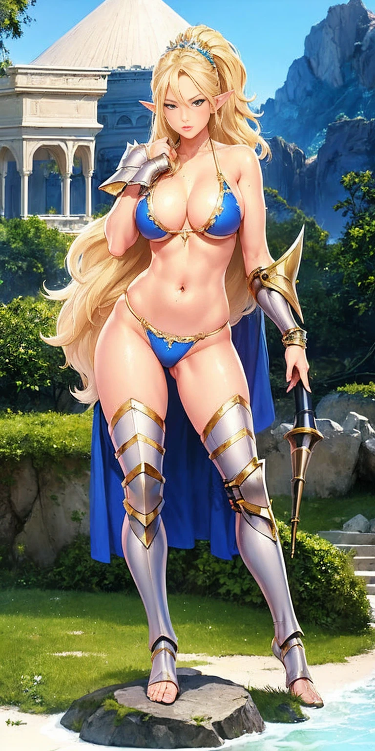woman full body toe to head in a blue bikini standing on a rock next to a body of water, ornate bikini armor, goddess of the sea, portrait of female black elf warrior, detailed fantasy art, Extremely detailed Artgerm, realistic Alexis Texas long messy hair, tiara, long elf ears