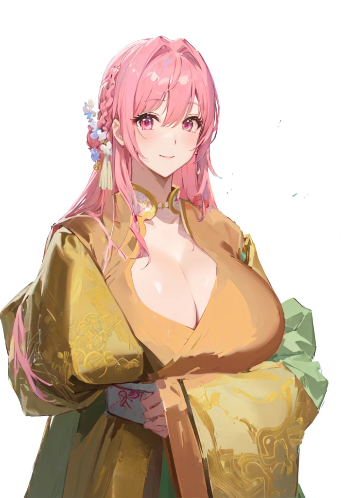 Wearing a robe、Pink Hair的动漫女孩, Produced in collaboration with Anime Painter Studio, Thickness, OPPEIN, Sakura Haruno, Si Tu Shi, In the anime painter studio, Hillabi, Goto Indian Summer, ((Wearing noble robes)), Flower shape, OPPEIN proportions, Break, 3/4 Break，Three Kingdoms，Dynasty Warriors，big boods，huge ，Pink Hair，Pink Eyes，Hanfu，Chinese style and ancient style，Smile，Hands playing with hair，Silk clothes，Noble girl，Good shape，sex body