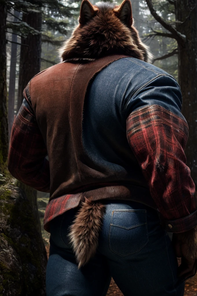 (full body shot), (realistic style), (furry), (humanoid), male wolf, full body brown fur, brown eyes, perfect muscular body, and biggest muscles, biggest pecs, biggest thighs, and biggest ass, wearing blue jeans and red plaid jacket, no shirt, realistic forest background, rear shot, longest brown wolf tail, bending over