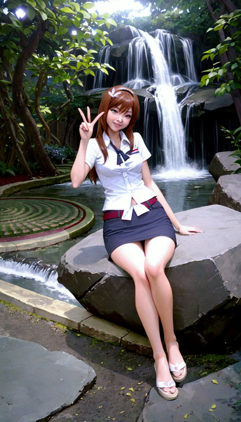 anime illustration of Thai young woman sitting on the big rock, smiling and making a V sign hand gesture, waterfall background, smiling, {she wearing white shirt short sleeves, collared button up shirt, black pencil skirt with belt}, (1girl, solo, full body), (masterpiece, best quality)