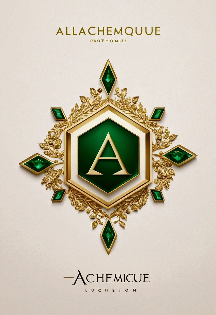 Inspired by alchemy, create an exquisite logo design for Alchemique, a luxury boutique with the most desired fashion items in the world. The logo must have a hexagonal shape, with a luxurious golden color and a subtle touch of green. Think about a gold and emerald composition, as if it were a coat of arms. The hexagon would represent the technology that is one of the pillars, gold represents luxury and sophistication and the touch of emerald represents sustainability
