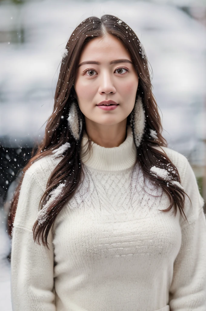 (masterpiece:1.35),(best-quality:1.4),8k,ultra-detailed,photography,(ultra-realistic:1.4), adult girl, long hair, sweater, snowing background,