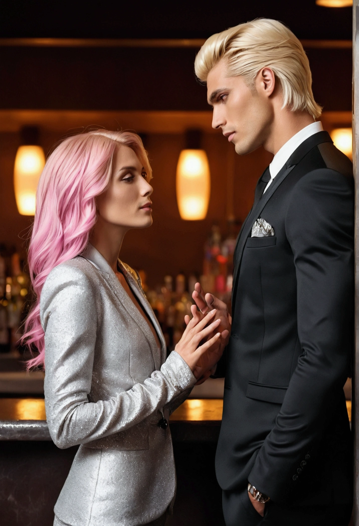 A tall beautiful man, Dressed in a black Armani suit, light blonde hair, his chiseled jaw and stubble, he faces a woman with pink colored hair, beautiful brown eyes and tanned skin, dressed in pants, shiny blouse, well made up, she is wearing beautiful silver heels.

The two are in the bar with nightclub lights facing each other their hands are almost being touched.