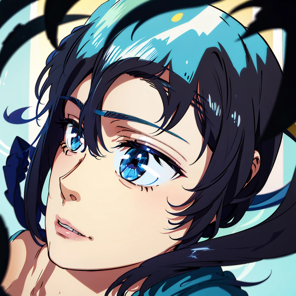 Anime boy, Cowboy shoot, Blue eyes, medium length black hair, short blue horns on the head