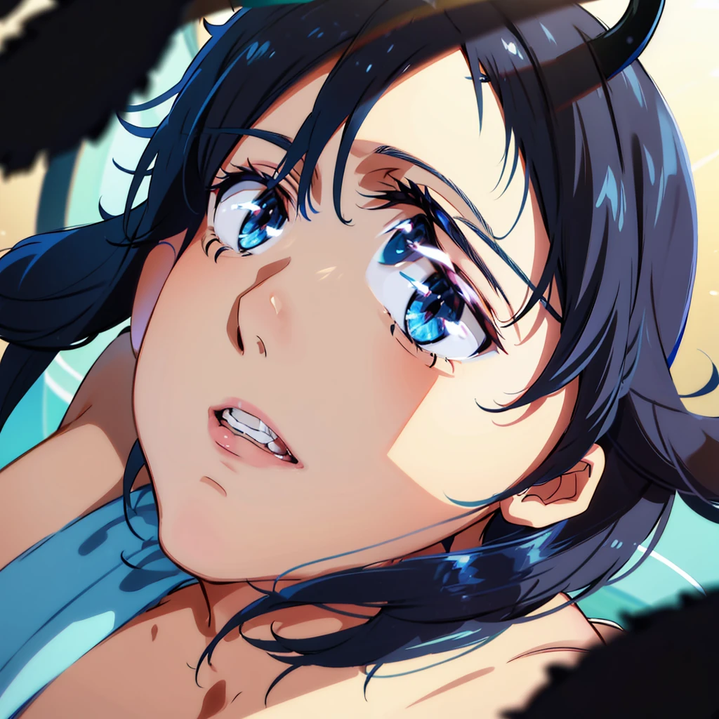 Anime boy, Cowboy shoot, Blue eyes, medium length black hair, short blue horns on the head