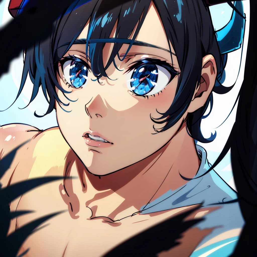 Anime boy, Cowboy shoot, Blue eyes, medium length black hair, short blue horns on the head