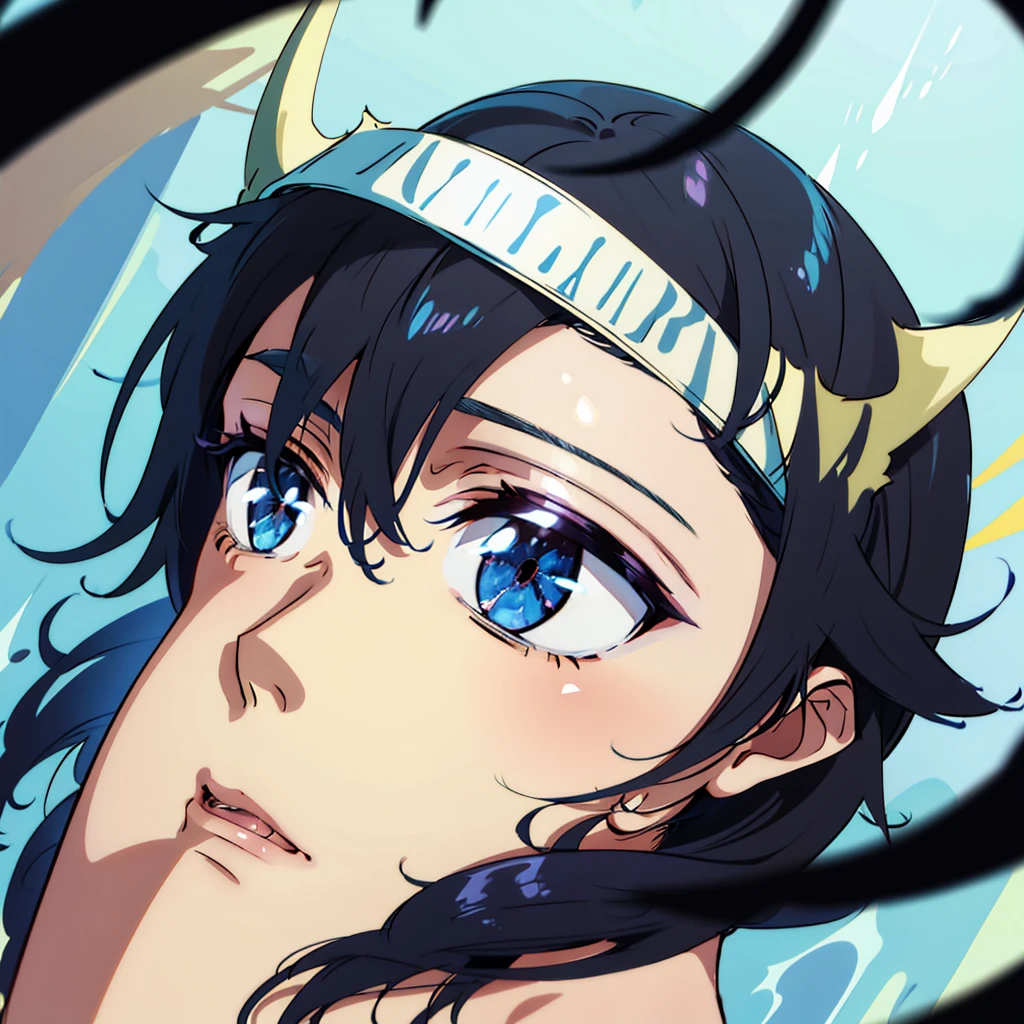 Anime boy, Cowboy shoot, Blue eyes, medium length black hair, short blue horns on the head