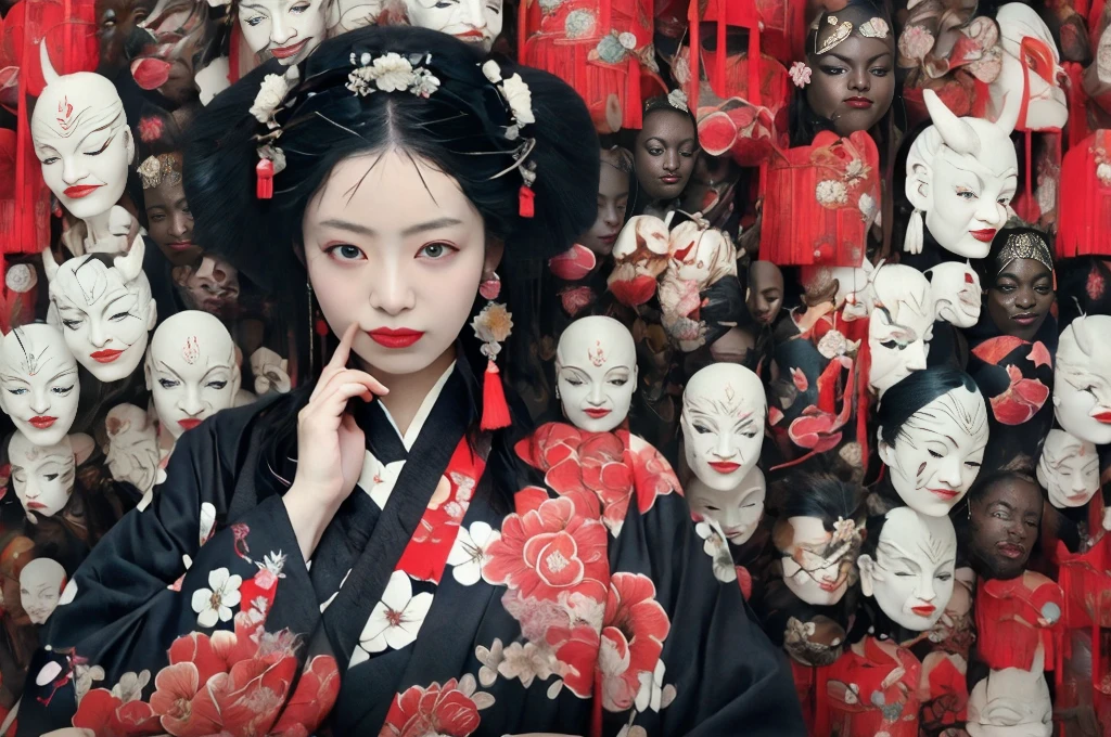 (masterpiece:1.2), Highest quality,
One girl, (((Spread your legs and show your vagina)))、Cross-legged、flower, Straight black hair, Red eyes, hair ornaments, hair flower, mask, View your viewers, red flower, Long sleeve, Are standing, red dress, Holding, Wide sleeves, dress, with own hands, horn, skull, short hair, kimono, Robe