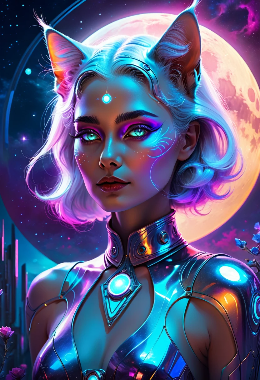 a high quality digital painting of a beautiful (neofuturistic woman), Granny (cat), Lady Moonlight, Same Ol’ Mistakes, futuristic, ethereal, surreal, glowing, vibrant colors, detailed, otherworldly, mystical, dream-like, digital art, fantasy art, cosmic, magical, 4k
