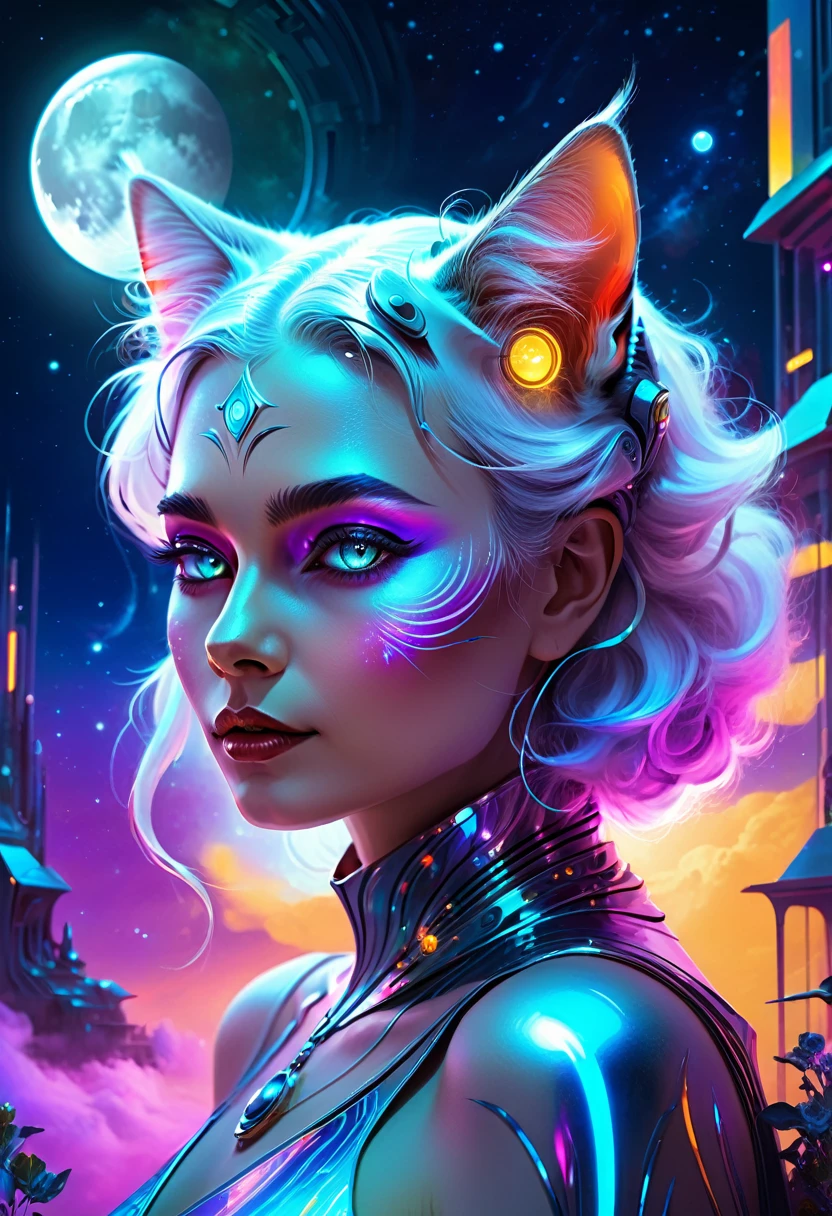 Beautiful neofuturistic woman, Granny cat, Lady Moonlight, Same Ol’ Mistakes, —ar 9:16