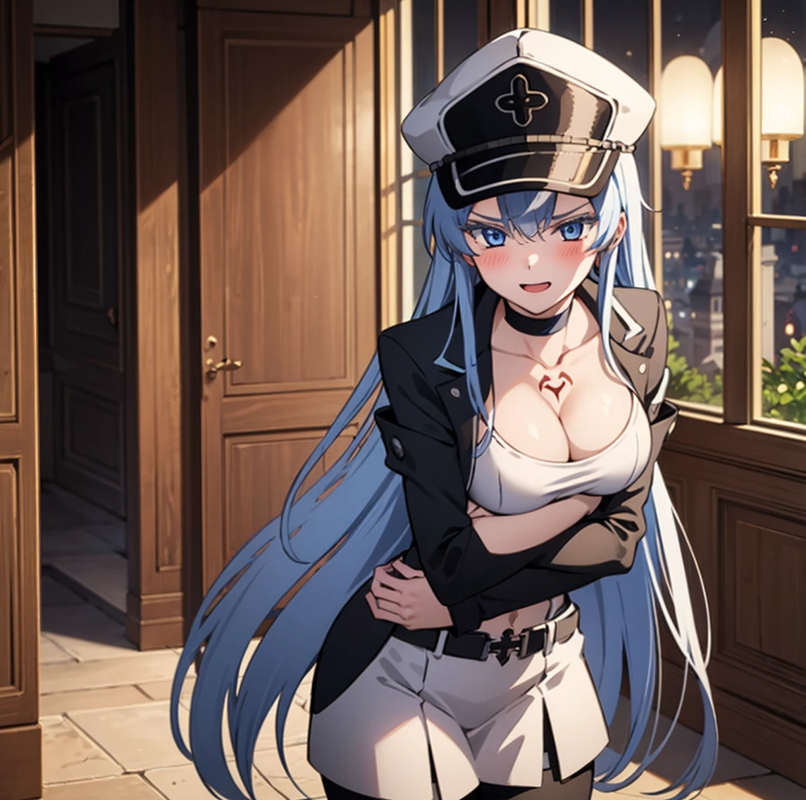 ((1girl)),((alone)), esdeath,(masterpiece), (best quality), (ultra detailed), (best illustration), (best shadow), (absurdities), sharp focus, cowboy photo, looking at viewer, big breasts, narrow waist, wide hips, medium thighs, round butt, dynamic posture, long hair, blue hair, blue eyes, high thighs, solo, very long hair, cleavage, chest tattoo, big breasts, choker , blue short jacket, open jacket, white sports bra, bare shoulders, cleavage, clavicle, black yoga pants, thigh slit, thick thighs, exposed waist, navel, tight pants, white peaked cap, military cap, white fur , smile, seductive smile, closed mouth, serious expression, (sexy pose: 1.2), ((alone)), standing: 1.3, Interior, castle, window, night, medieval landscape, looking forward, ((focusing on the waist)), point of view (from the middle), red blush, perfect anatomy, perfect hands.