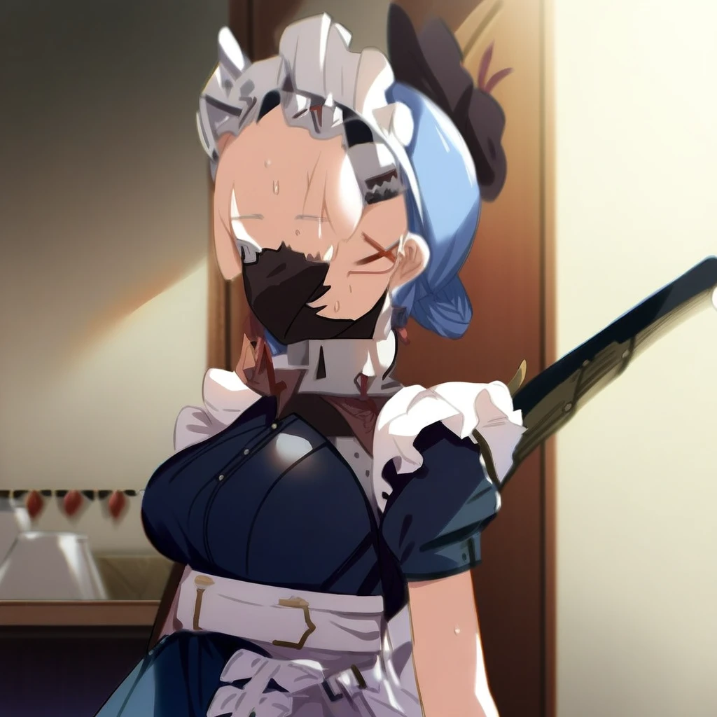 woman, pov, penis, penis over one eye, black maid uniform, blue hair, short pigtails, indoors, grin