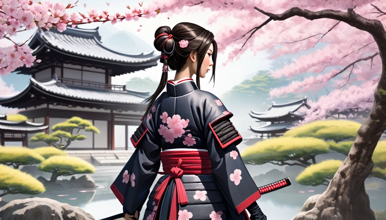 Female samurai,Background is cherry blossoms and Japanese garden
