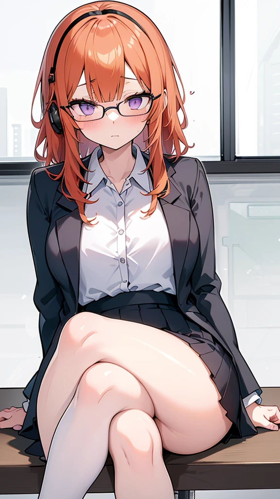 A woman is sitting in a chair with a laptop, 厳格な黒のWearing a business suit, sitting on the desk, In a strict suit, on the desk, Dressed in a strict suit, Japanese Goddess, Knee socks and skirt, She sat at the desk, Sitting at the table, Sitting at a desk, Wearing a business suit, Elegant legs, Seductively facing forward, Crossing your legs, Sakura Futaba, Orange Hair, Blunt bangs, Purple eyes, Purple eyes, Glasses, White button-up shirt, Headphones, thick, Green jacket, Thin thighs