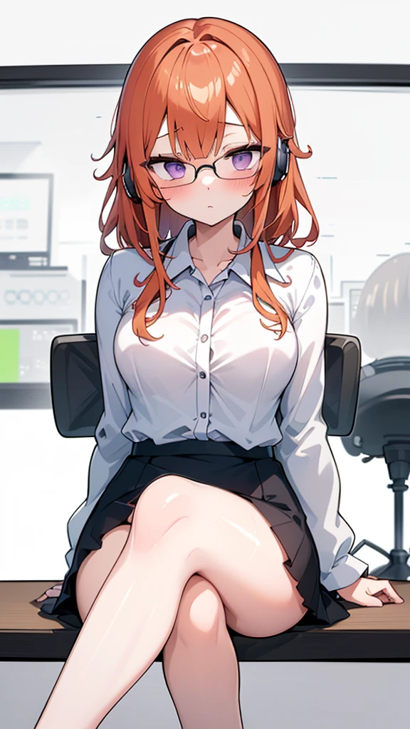 A woman is sitting in a chair with a laptop, 厳格な黒のWearing a business suit, sitting on the desk, In a strict suit, on the desk, Dressed in a strict suit, Japanese Goddess, Knee socks and skirt, She sat at the desk, Sitting at the table, Sitting at a desk, Wearing a business suit, Elegant legs, Seductively facing forward, Crossing your legs, Sakura Futaba, Orange Hair, Blunt bangs, Purple eyes, Purple eyes, Glasses, White button-up shirt, Headphones, thick, Green jacket, Thin thighs
