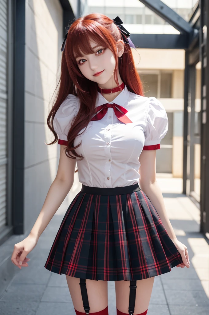(masterpiece:1.2), (Highest_quality:1.2), 超High resolution, Very detailed, 8k, High resolution, High resolution, anime, Very detailed, (Highest shadow), (Absurd),
break stella vermillion, (Large Breasts:1.3), (Perfect Proportions:1.2), (Tight waist),
break hair between eyes, Hair Intake, hair ribbon, Long Hair, (Red eyes:1.5), Redhead, Both sides up, yellow ribbon,
break black choker, choker, Symbolism, Garter Straps, neck ribbon, Plaid, puffy Short sleeve, Puff sleeves, purple ribbon, Redhead, ribbon,
break , shirt, Short sleeve, skirt, Knee socks, white shirt, white skirt,
break standing, Outdoor, School courtyard, smile, From below,
