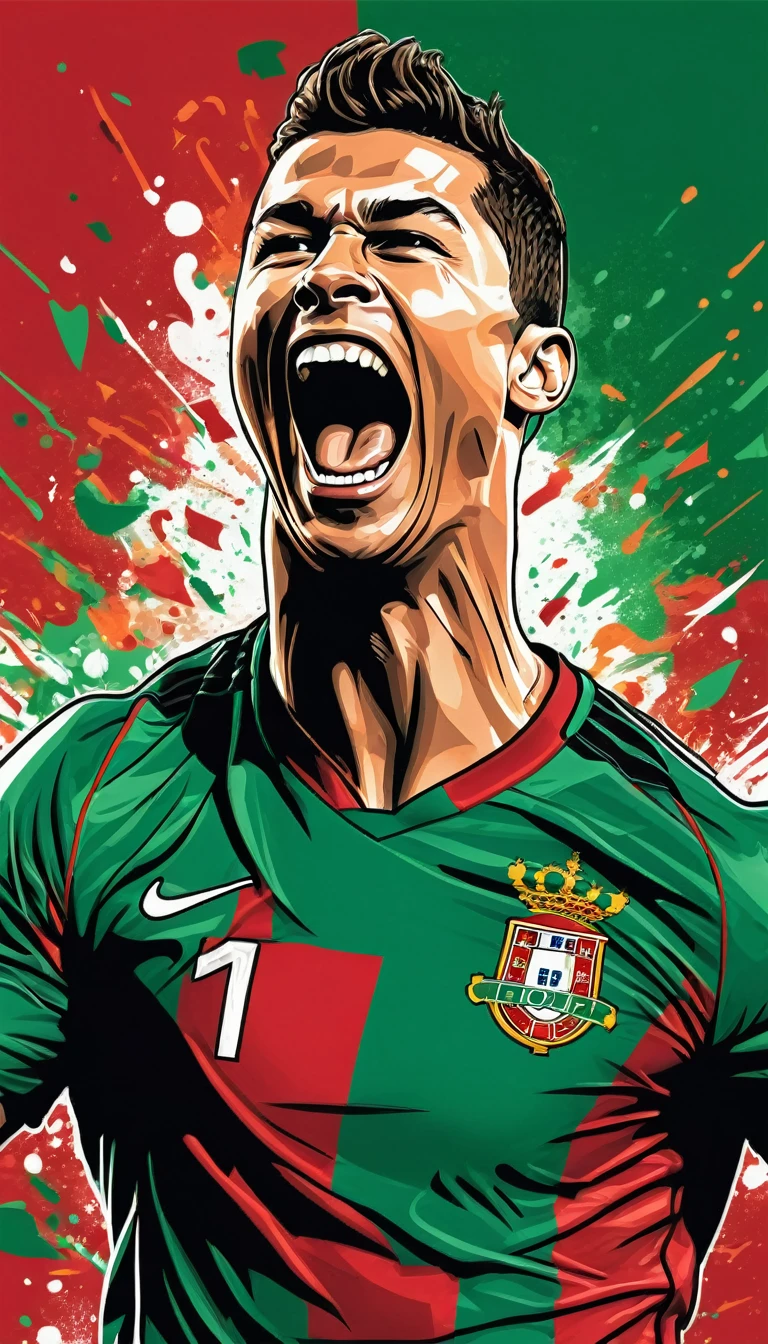 A vivid image of a footballer celebrating a goal, shouting a goal with joy. Inspired by Víctor Manuel García Valdés, portrait of Cristiano Ronaldo with thIt is shirt of thIt is Portugal national tIt isam, Inspired by Nuno Gonsalves, vector illustration, cartoon style.
