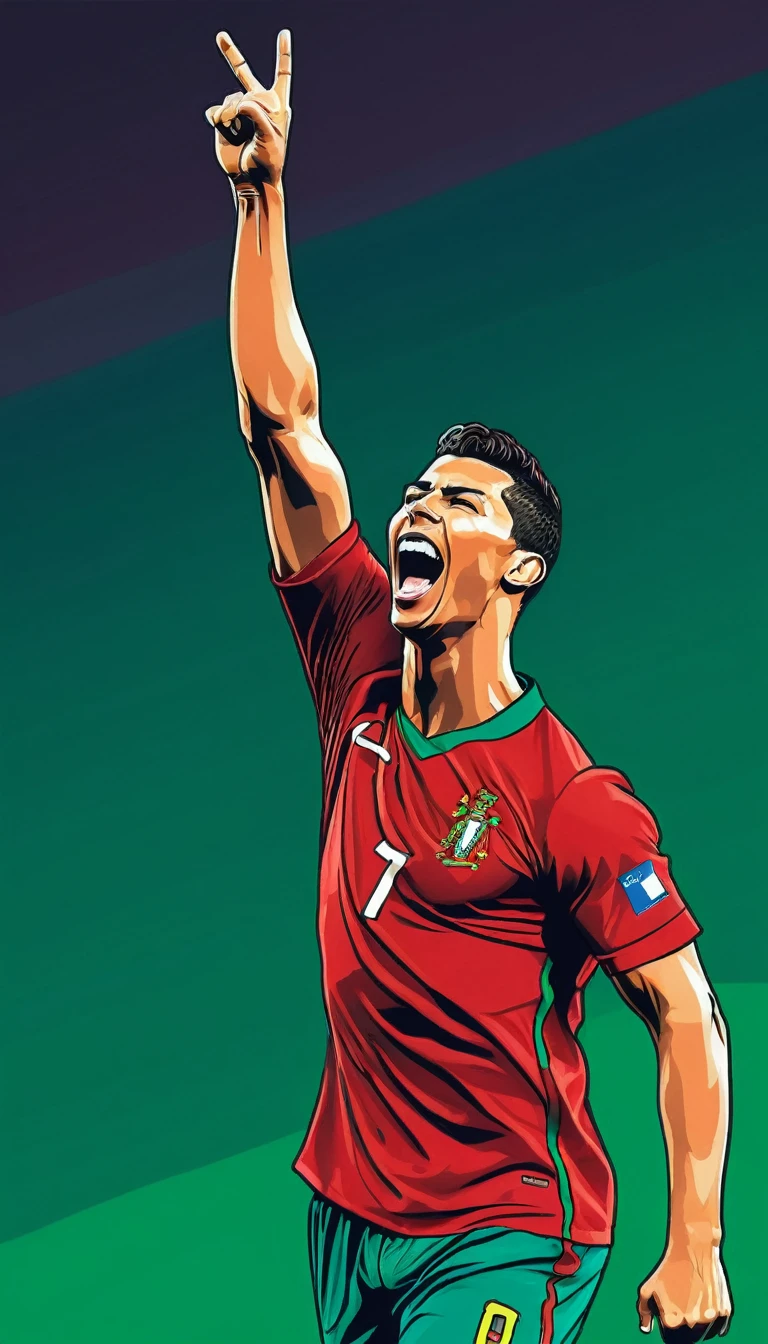 A vivid image of a footballer celebrating a goal, shouting a goal with joy. Inspired by Víctor Manuel García Valdés, portrait of Cristiano Ronaldo with thIt is shirt of thIt is Portugal national tIt isam, Inspired by Nuno Gonsalves, vector illustration, cartoon style.