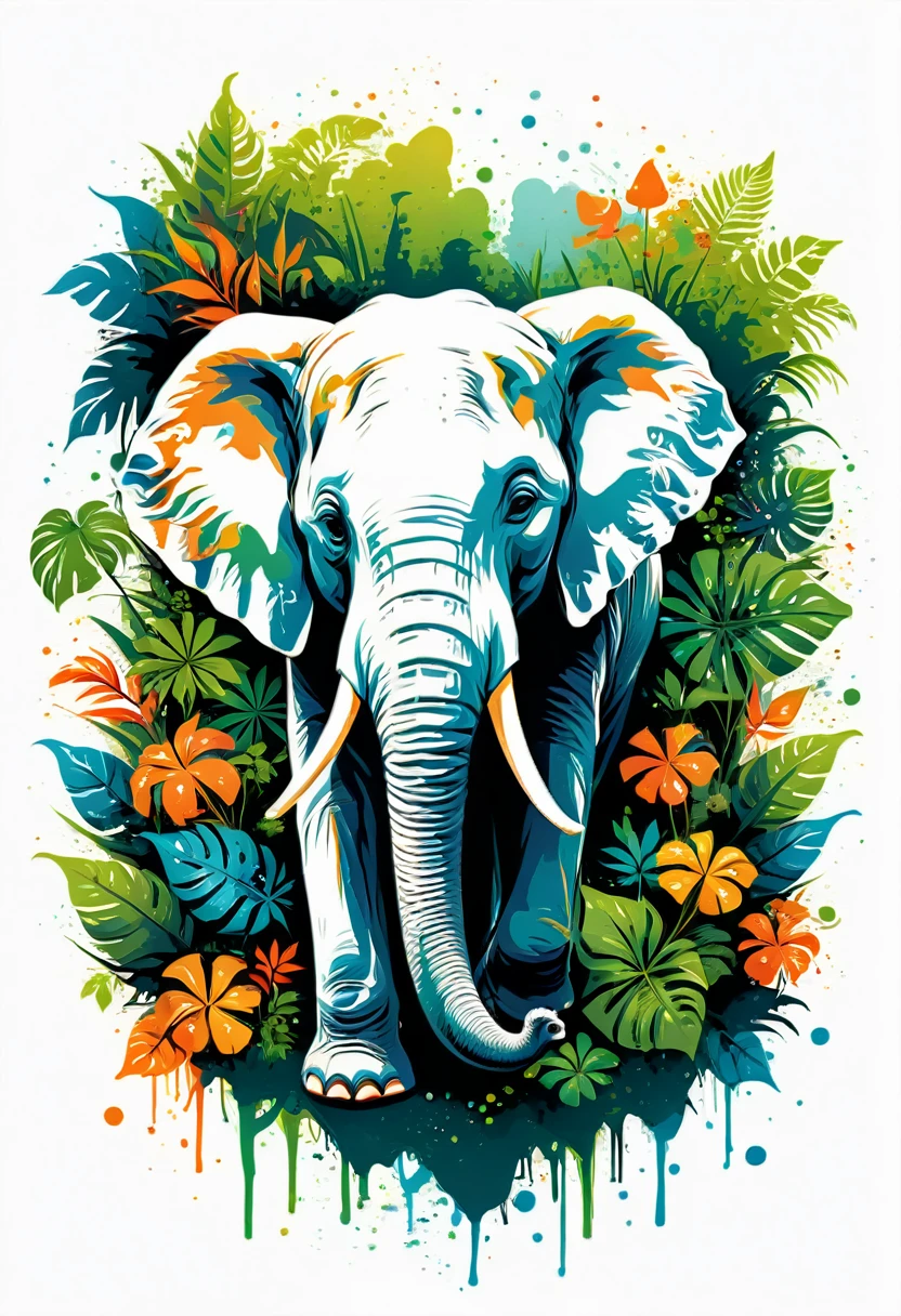 colorful t-shirt design of an elephant in a fantasy jungle, White background,