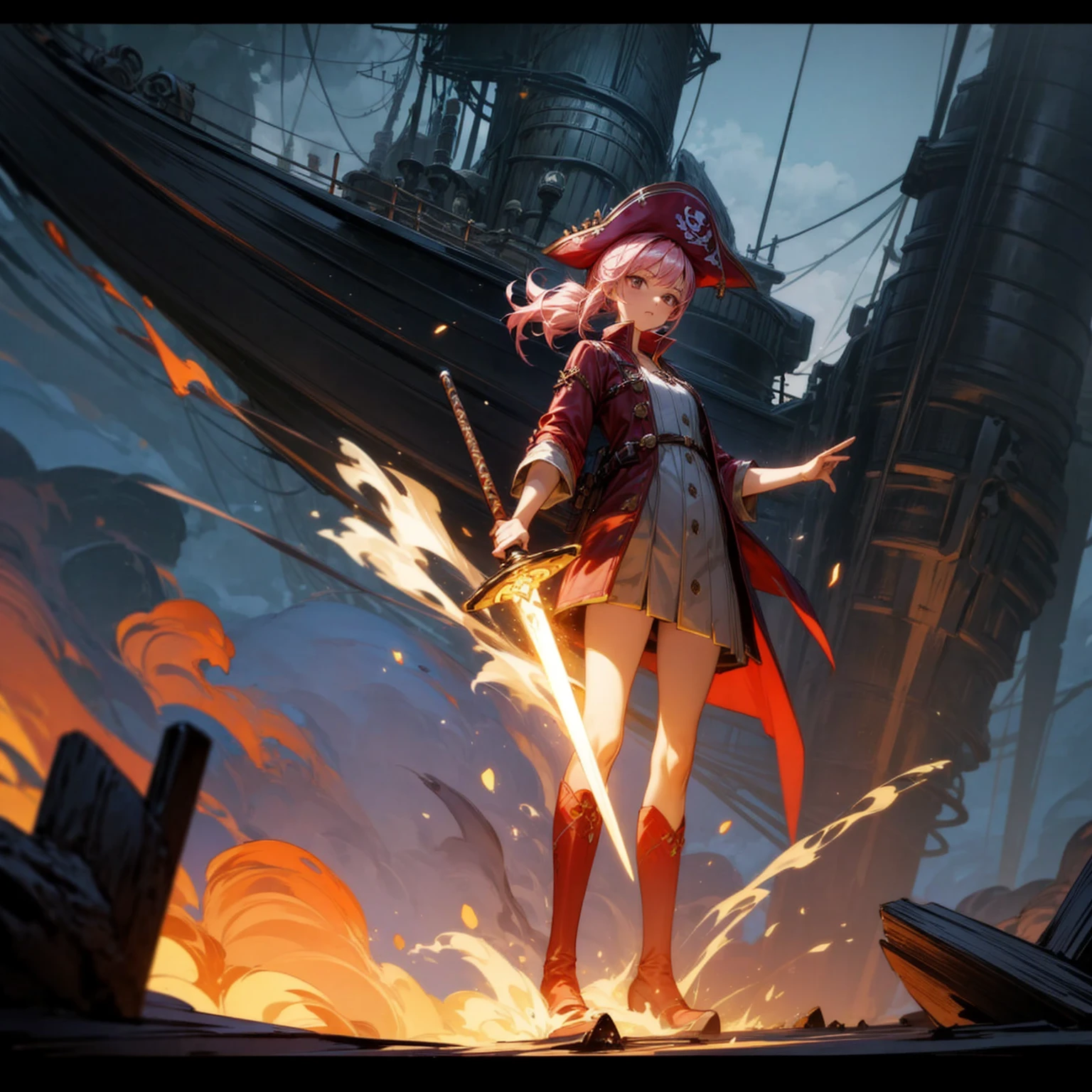 1girl, Full body version, 1character, girl version, black eyes, long Curly haircut, pink colour hair, ancient pirate style clothing, red colour clothing, long boots, Grassroots, background in sea, motion blur, (Hunter x Hunter style), sword Gladius in hang, pirate hat, pirate robe, smoke effect, aura effect, blue lighting, lightning sword, low angle view, fire, with ship pirates, normal gesture 
