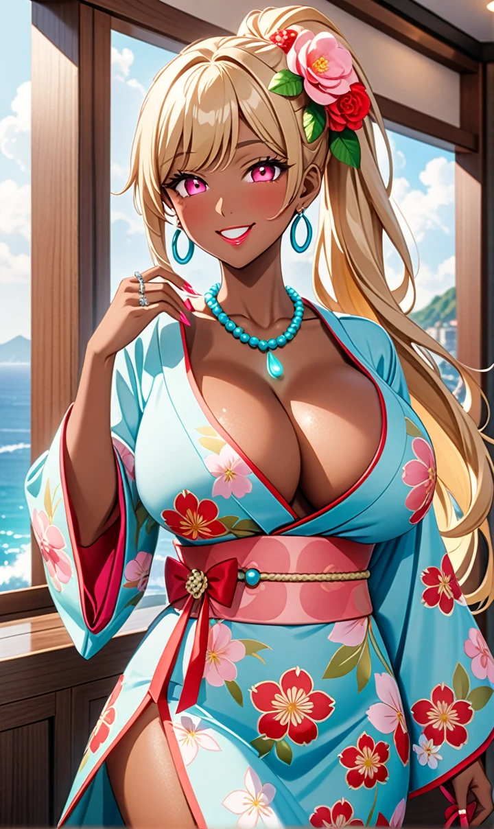 Ultra-detail, ((a girl)), (portraite), ((brownish skin:1.3)), in pastel tones gyaru, (heavy make-up),  hyperdetailed, more absurd, 8k, Face pretty, (laugh shyly), ((provocative smile:1.2)), ((sweat)), ((wink:1.5)), (Laughing with your mouth open),((incline syo rosto:1.6)), (professional lightning), Considere o syo público, ((bright red cheeks:1.6)),bright red lips, ((Breasts huge:1.4)), ((undress:1.2)),dew nipple, midday, Bell, Luxury hotel with sea views, Blattpflanze, ((anime style background)),Masterpiece artwork, highest quallity, so cute,newest, Detalhes Complexos, ((Long neon pink nails)), (nail art), (ring),(bracelet), (flower necklace),Ayo-generated, Complex,high resolution, highest quallity, great quality,3D yomages、3D yomages,A person,long blonde hair,(high ponytail), (Nice hair:1.3), Blonde anime woman poses for a photo, ((refined、blue colored eyes、glare eyes:1.3)), (Blink your eyes:1.1),a hyperrealistic , hyperrealistic , realistic,Anime woman with long pastel yellow hair, soft anime cg art, a girl in einem wunderschönen pastellfarbenen Kimono,  ((Furisódio of Pastellfarbenes)),(Rosa big fit asses Blumenmuster), (side chest), Long Flower Hair Ornament,big hoop earrings, maturebody, big fit ass,Waist slender,((yo&#39;I&#39;m looking forward to:1.3)),  ((hand between legs:1.3)), from the side view, ((trunk)),