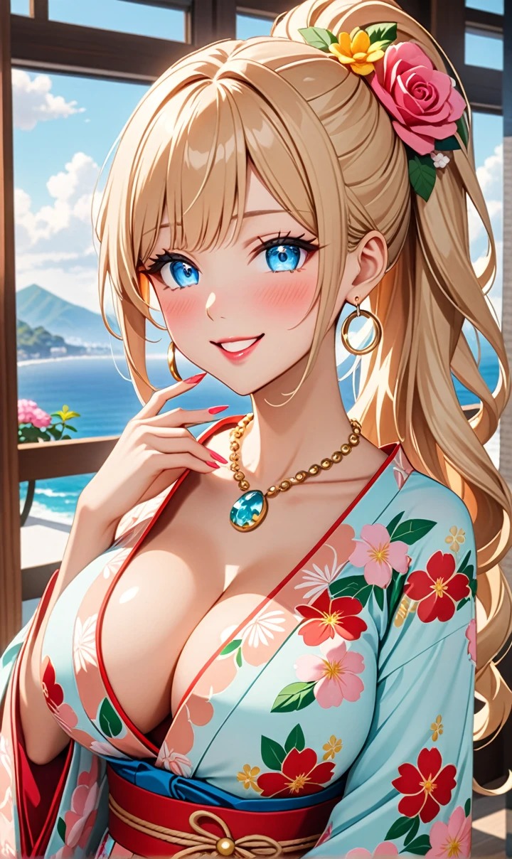 Ultra-detail, ((a girl)), (portrait), ((brownish skin:1.3)), in pastel colors gyaru, (heavy make-up), Hyperdetailed, most absurd, 8k, pretty face, (Laugh shyly), ((teasing smile:1.2)), ((Sweat)), ((Wink:1.5)), (Laughing with your mouth open),((Tilt your face:1.6)), (professional lightning), Consider your audience, ((bright red cheeks:1.6)),shiny red lips, ((huge breasts:1.4)), ((undress:1.2)),dew Brustwarze, mid day, buzzer, Luxury hotel with sea view, Blattpflanze, ((Anime style background)),masterpiece, highest quality, So beautiful,latest, complex details, ((Long neon pink nails)), (Nail Art), (Ring),(手链), (Flower necklace),AI-generated, complex,High resolution, highest quality, great quality,3D Images、3D Images,one person,blonde long hair,(high ponytail), (nice hair:1.3), Blonde anime woman poses for a photo, ((fine-grained、blue eyes、glowing eyes:1.3)), (Blink your eyes:1.1),a hyperrealisti , hyperrealisti , realisti,Anime woman with long pastel yellow hair, Soft anime CG art, a girl in einem wunderschönen pastellfarbenen Kimono, ((Pastellfarbenes Furisode)),(Rosa largees Blumenmuster), (Side chest), Long flower hair ornament,big hoop earRings, Mature body, large,Slender waist,((I'm looking forward to:1.3)), ((hand between legs:1.3)), From Side View, ((upper body)),