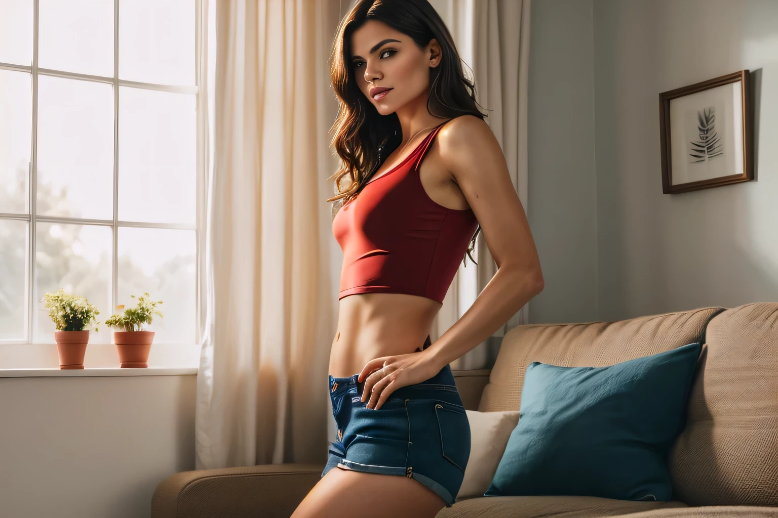 A beautiful 42-year-old woman in a low-cut red tank top and dark blue micro shorts, showing the flesh of her ass, posing for the camera. She is wearing a red tank top and dark blue shorts. Her arms are crossed and she has her hands on her hips. Behind her there is a sofa with a cushion and, to the left, a window covered with white curtains that allows natural light to enter. The room looks bright and cozy. She is wearing a vibrant red tank top and dark blue shorts, facing us while looking into the distance. The room around her is cozy, with beige curtains framing the window and a comfortable sofa visible in the background. A potted plant adds a touch of green to the space. The room is well lit with natural light coming from windows adorned with arches. Fitness body. Woman in good physical shape, fitness woman, perfect face, perfect mouth.

Woman, ((Masterpiece, best quality)), full body view, detailed skin, highly detailed, cinematic lighting, ultra realistic, dark brown hair, medium hair, portrait, full body view, contrast, close-up, cinematic light, ultra-high resolution, RAW.

Woman with white skin and dark brown hair. She is around 40 years old, 165 cm tall and weighs 56 kg. She has a perfect mouth, a perfect face. Her body exudes glamor and her face is a definition of beauty. Slender body, thin waist. Highly realistic, hyperrealism, very elaborate skin, perfect face. Sharp Photo, High Resolution, High Quality, Masterpiece, 16K Photo, High Contrast, Masterpiece, Nude, Nude, NSFW.
