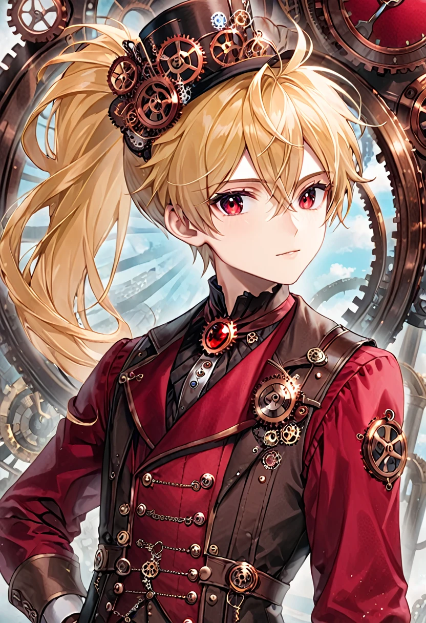 One young boy half-elf, red ruby eyes, beautiful face like girl, Long Ponytail blonde hair, in steampunk suit.