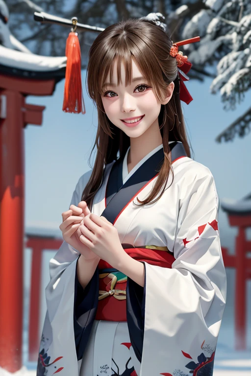 High resolution, Super detailed, (Highest quality:1.2), 非常にHigh resolution, refraction, Full Color, One girl,smile,
Long-sleeved kimono, Winter Background, torii