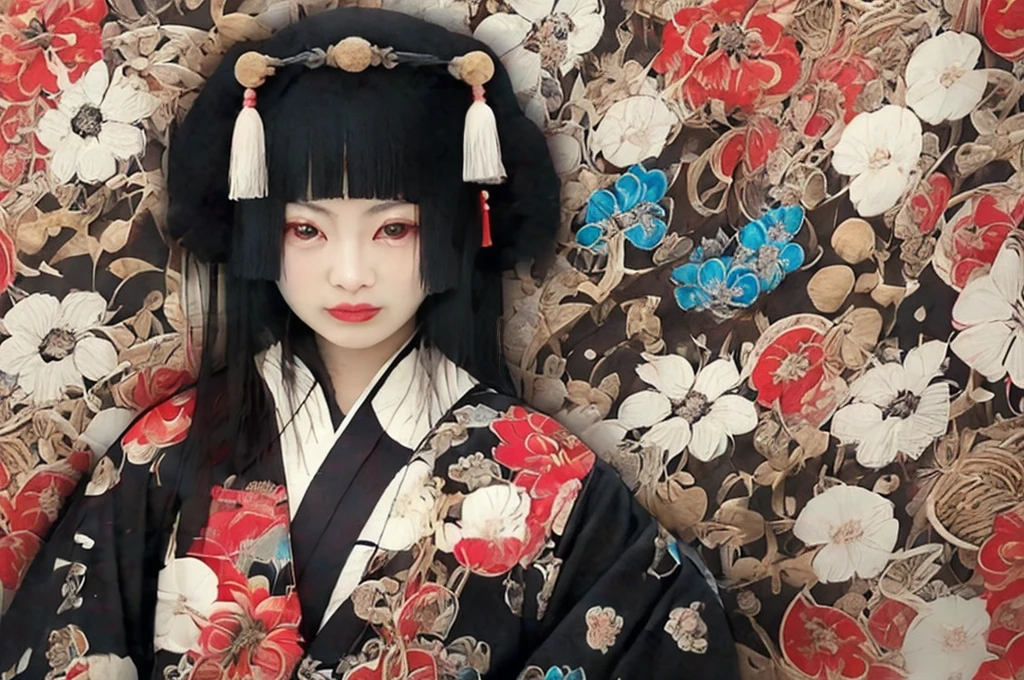 (masterpiece:1.2), Highest quality,Pixiv,
Black Hair, kimono, flower柄プリント, One girl, hair ornaments, horn, Sitting, View your viewers, flower, kimono, blue eyes, hair flower, Earrings, Long Hair, Haori, jewelry, with own hands, Tassel, Wide sleeves, Red eyes, Mouth closed, Long sleeve, print kimono, black kimono, In the same way, bangs, smile