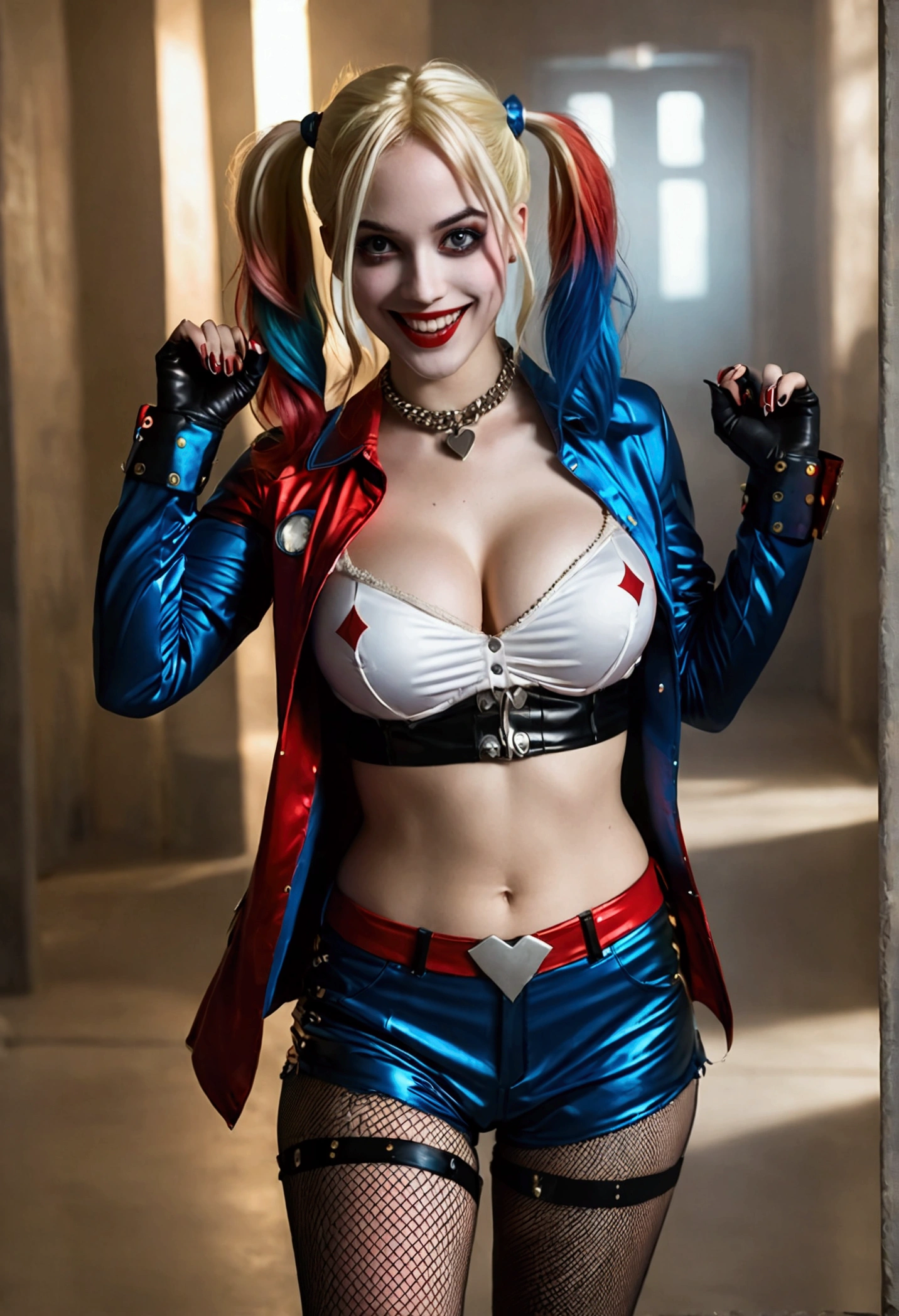 ultra realistic, photography, long red hair, girl, 24 years old, hourglass figure, perfect body, Flirty look, extremely detailed artgerm, in the style artgerm, small breasts, facing the camera, lens 35 mm, blur background, red and blue Harley Quinn costume (from the 2016 suicide squad movie), lively costume party as background, laughing, full body picture, full body