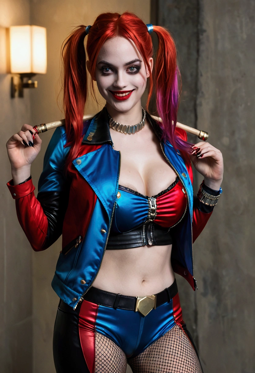 ultra realistic, photography, long red hair, girl, 24 years old, hourglass figure, perfect body, Flirty look, extremely detailed artgerm, in the style artgerm, small breasts, facing the camera, lens 35 mm, blur background, red and blue Harley Quinn costume (from the 2016 suicide squad movie), lively costume party as background, laughing, full body picture, full body