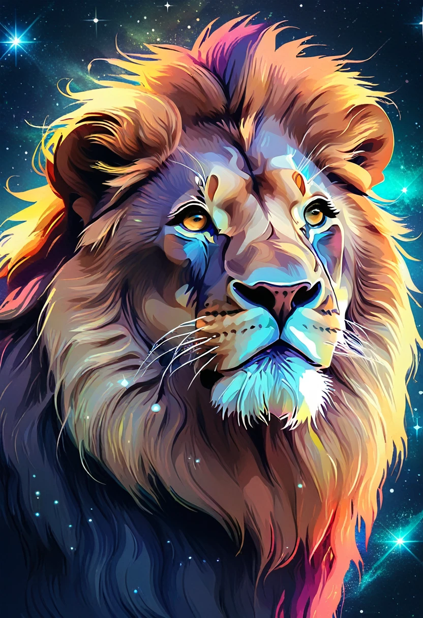 a lion silhouette composed by bright stars. Cosmic background