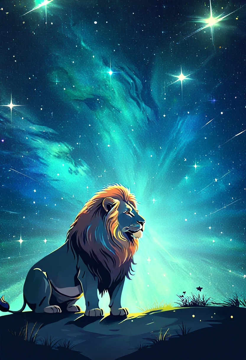 a lion silhouette composed by bright stars. Cosmic background