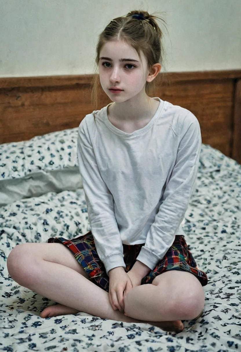 Ponytail hair pale skin Kurdish girl sitting on bed tin body short